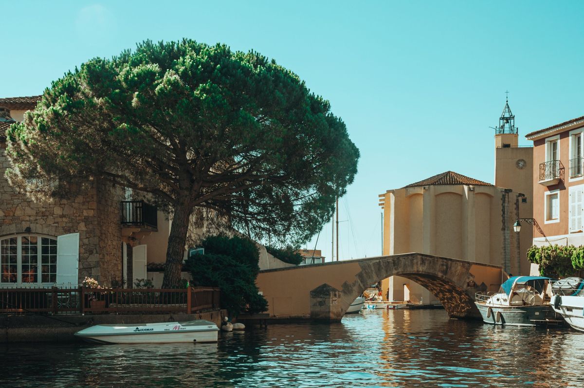 Canal de Port Grimaud, pont de pierre et église au bord de l’eau, sous un grand pin parasol